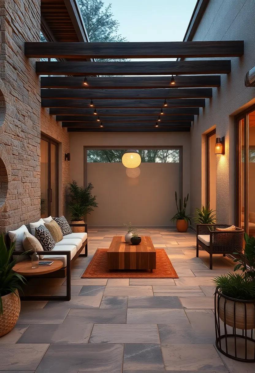 The Play of Light and Shadow on Interlocking Wood and Stone Surfaces at Dusk