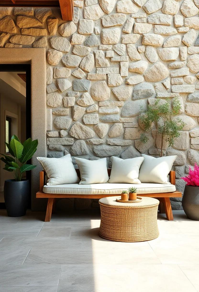 Soft Cushions Resting on a Raw Timber Bench Against a Backdrop of Textured Stone Walls