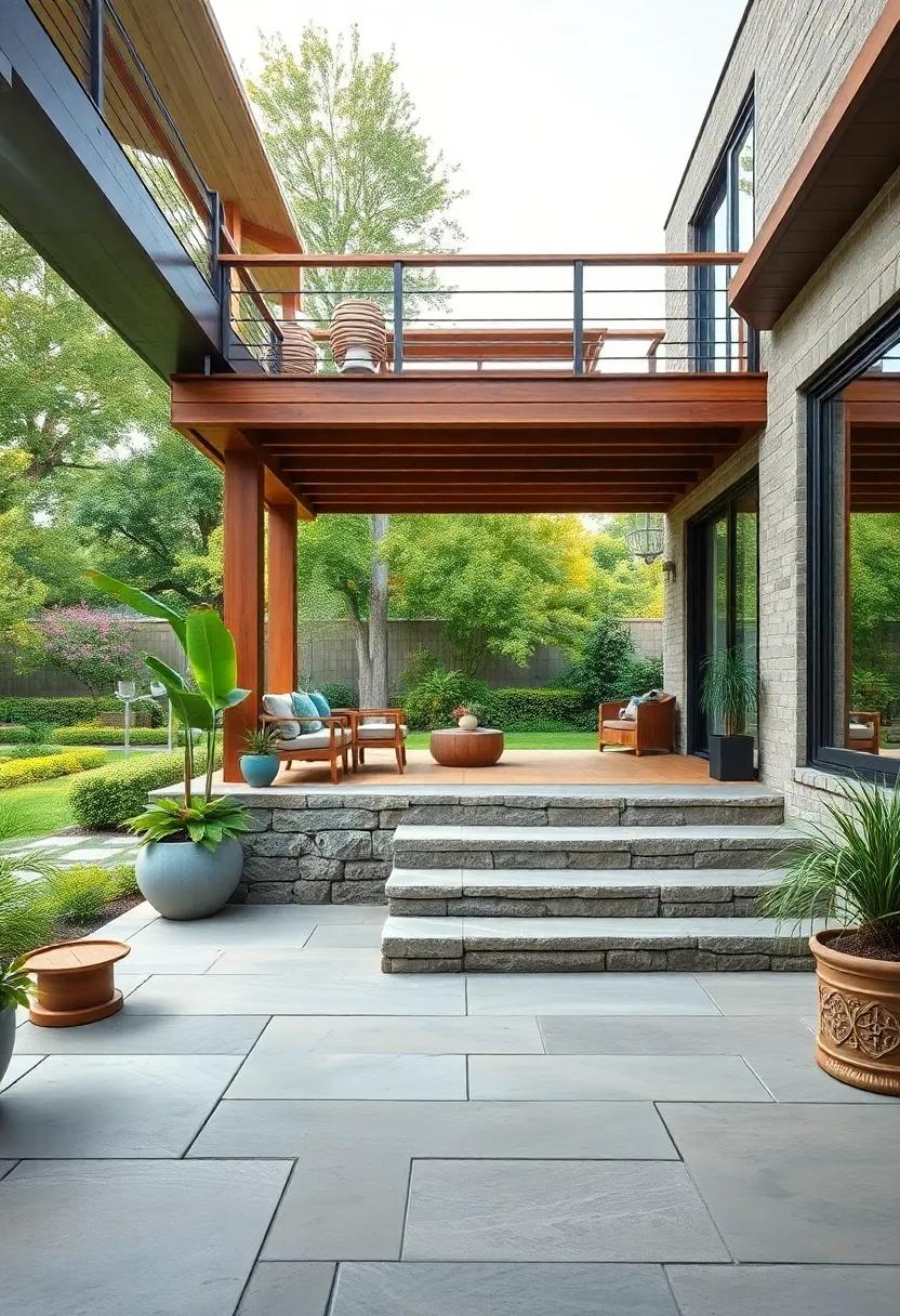 Stone Steps Leading Up to a Raised Wooden Deck Overlooking a Tranquil Garden Scene