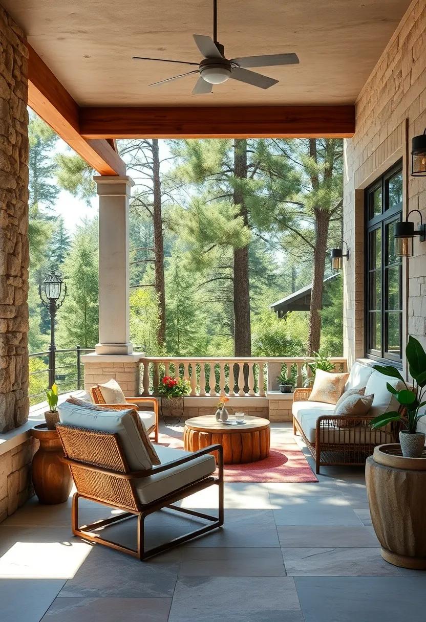 A Sun-Dappled Reading Nook Featuring Wood and Stone Craftsmanship Amidst Tall Trees