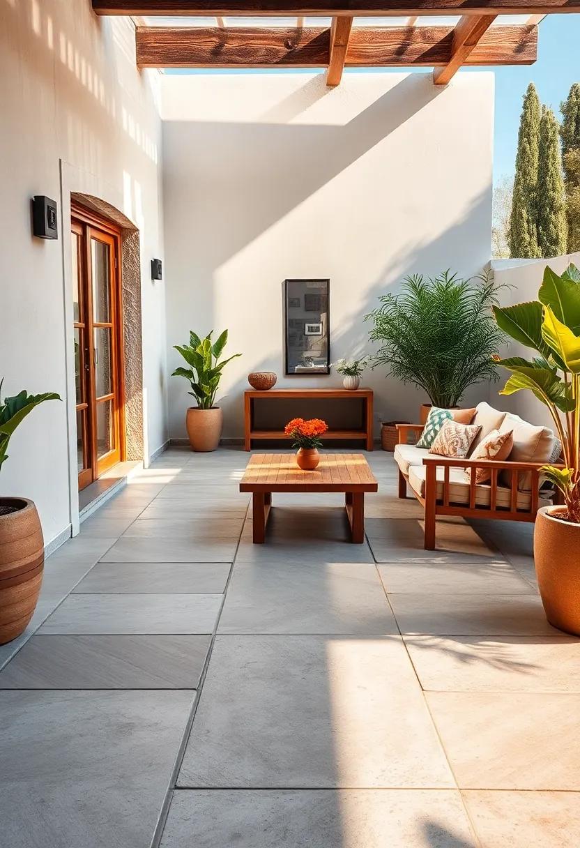 Sunlight Casting Warm Shadows Across a Smooth Stone Floor Surrounded by Wooden Furniture