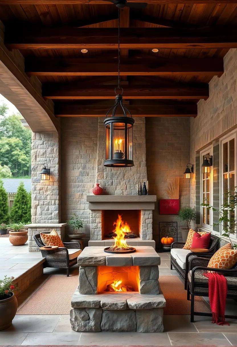 A Vintage Lantern Hanging from Wooden Rafters with a Stone Hearth Glowing Below
