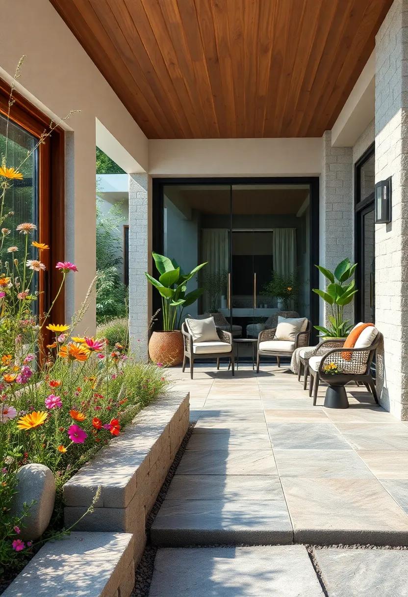 Wildflowers Blooming Along Edges of a Stone Patio Featuring Complementary Wood Detailing