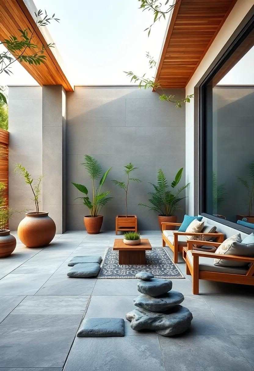 A Zen-Inspired Meditation Corner with Smooth River Stones and Polished Bamboo Wood
