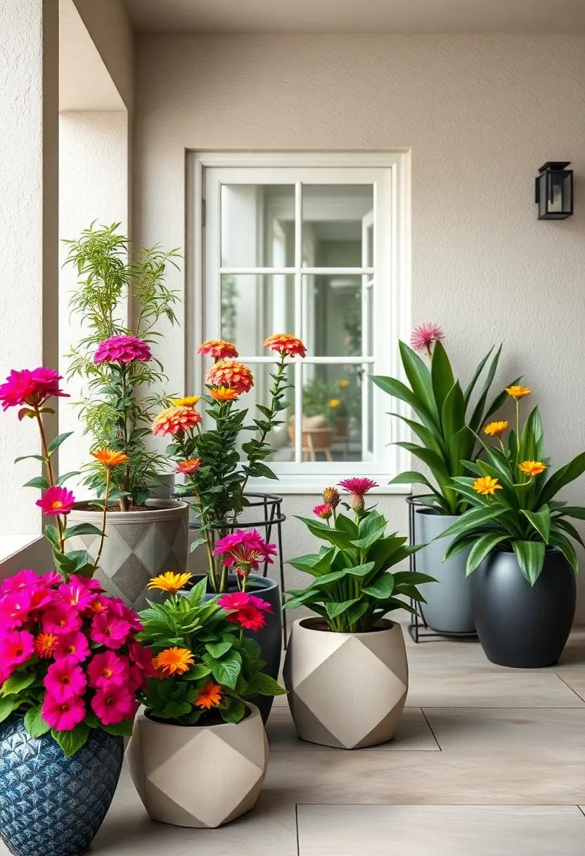 Vibrant Flowering Annuals in Geometric Planters Bringing Seasonal Brightness to Petite Front Gardens