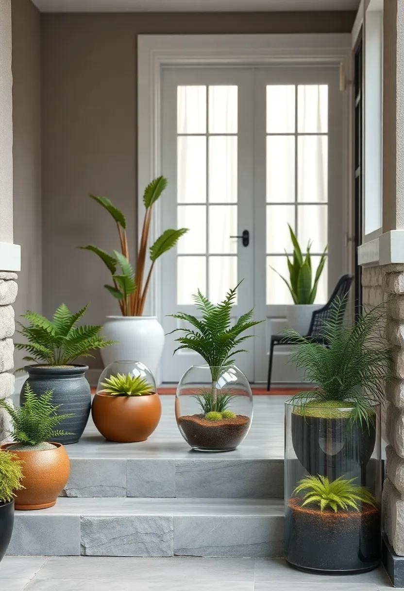 Delicate Ferns and Moss Compositions in Glass Terrariums Placed Artfully on Front Porch Steps