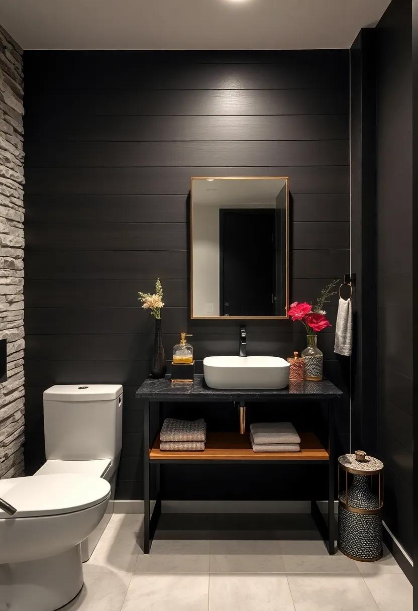 Bold Contrast of Dark Painted Shiplap Walls Paired with Sleek Modern Vanity for a Dramatic Powder Room