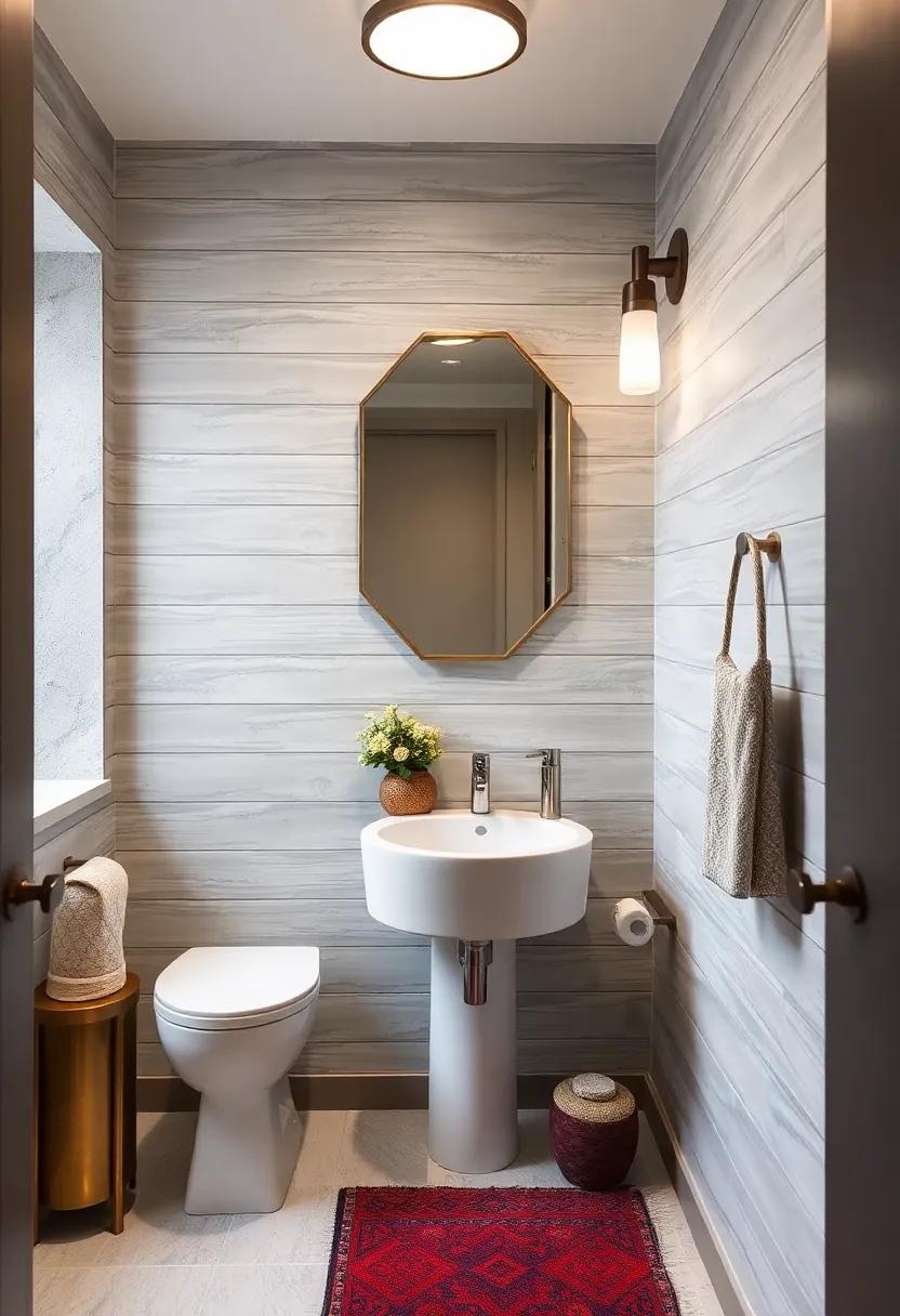 Contemporary Powder Room Defined by Horizontal Shiplap Panels in Soft Gray with Metallic Fixtures