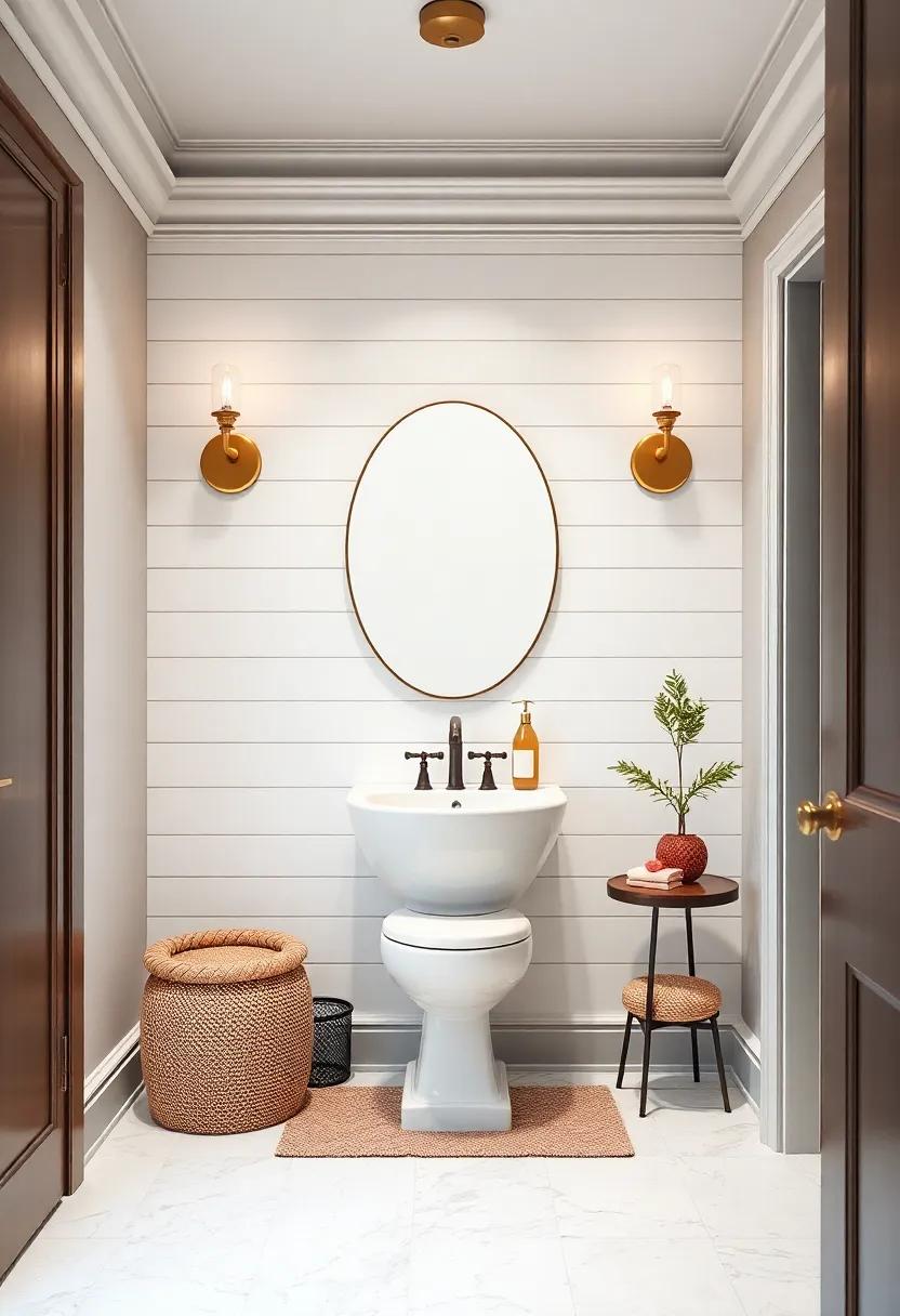 Elegant Shiplap Walls Framed by Classic Crown Molding and Accented with Brass Light Fixtures