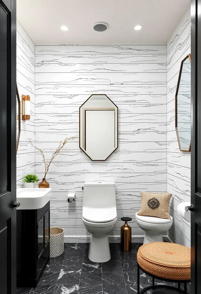 Monochrome Elegance Featuring Black and White Shiplap with Glossy Finishes and Geometric Mirrors