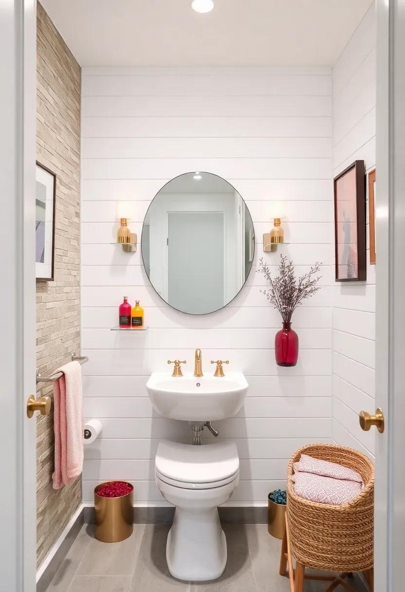 Bright and Airy Powder Room Featuring White Shiplap and a Pop of Vibrant Color from Accessories