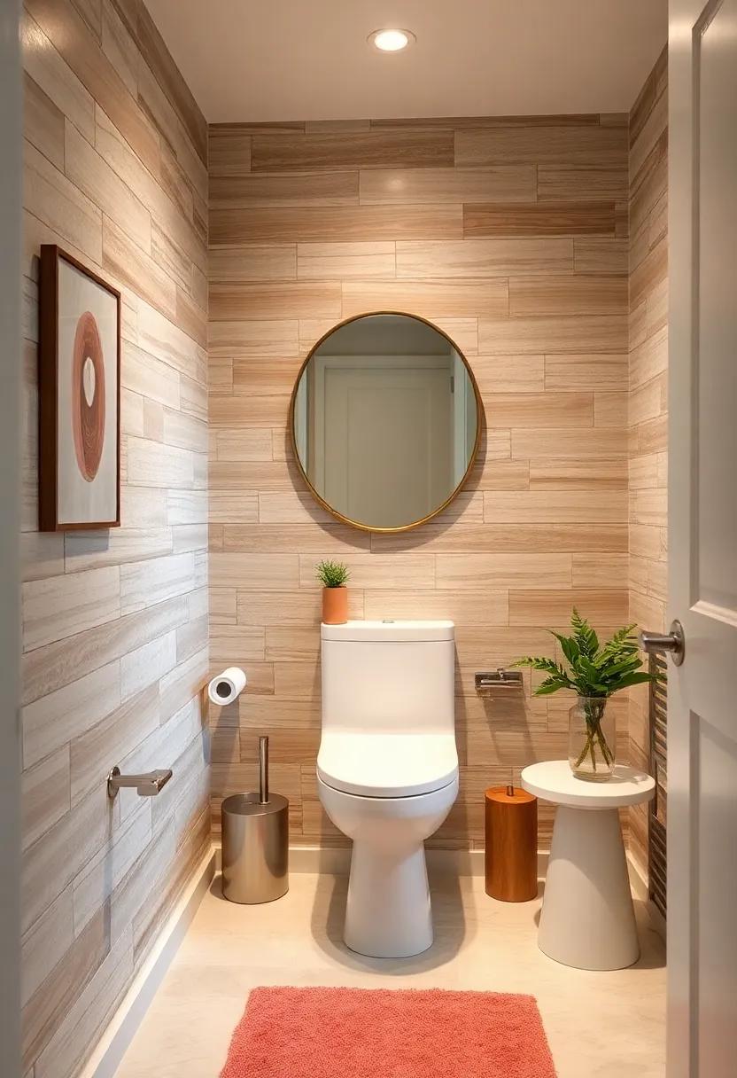 Textured Shiplap Accent Walls with Natural Wood Tones Adding Warmth and Depth to a Compact Powder Room