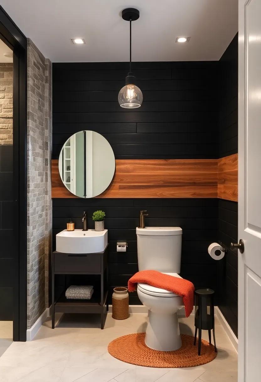 Chic Black and Wood Contrast Featuring Shiplap Accents Framed by Contemporary Fixtures and Minimal Decor