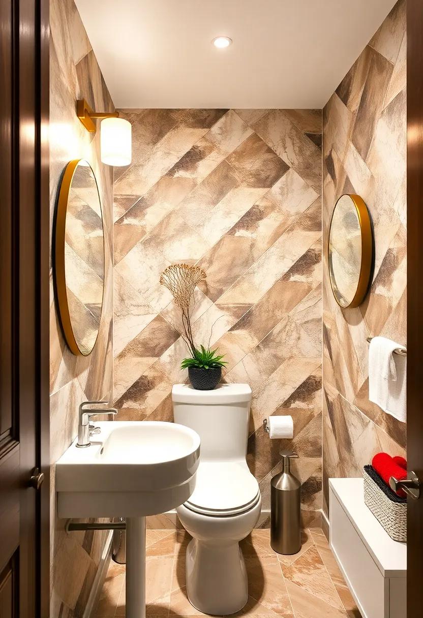 Bold Graphic Pattern Created by Diagonal Shiplap Panels Bringing Artistic Flair to Powder Room Walls