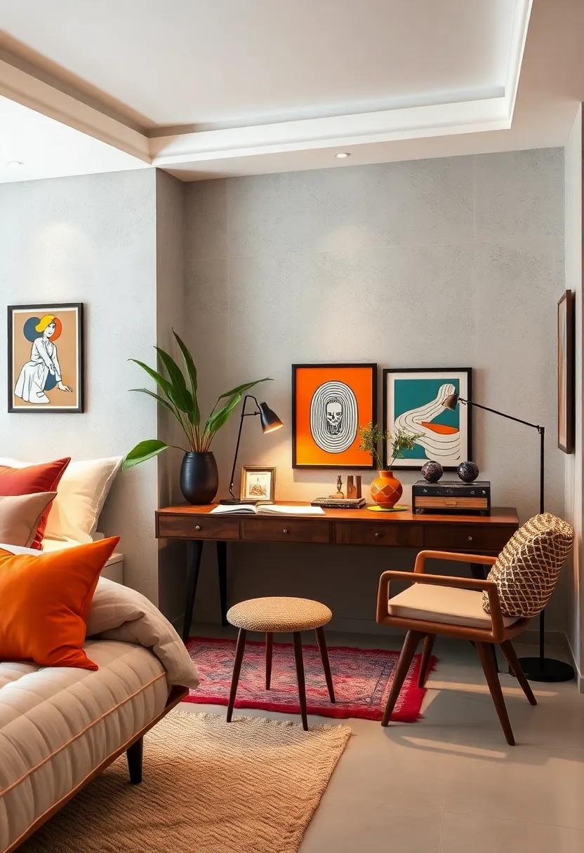 A Retro-Inspired Writing Desk Featuring Bold Graphic Prints and Sleek Vintage Accessories