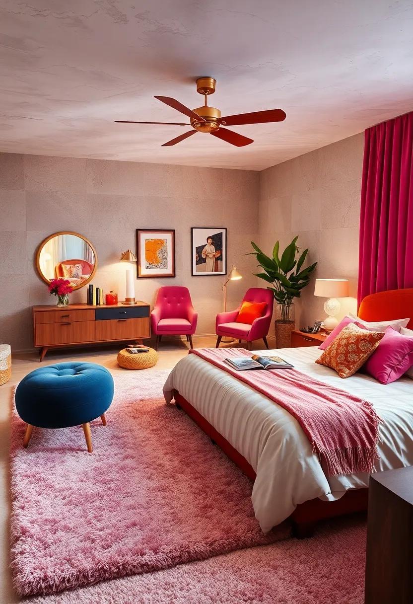A Plush Shag Carpet Anchoring the Room with Soft Texture and Retro Appeal