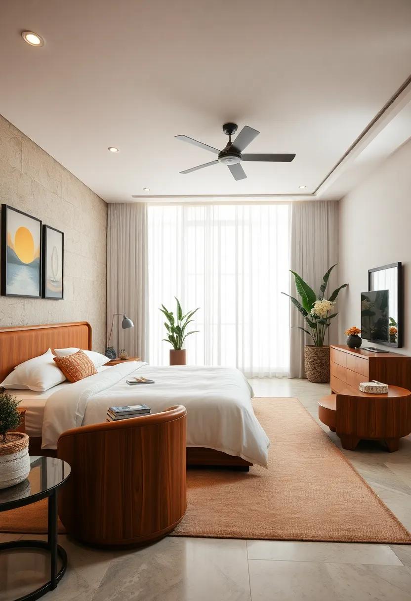 Curved Furniture Silhouettes in Rich Wood Finishes Referencing Classic 70s Design Forms