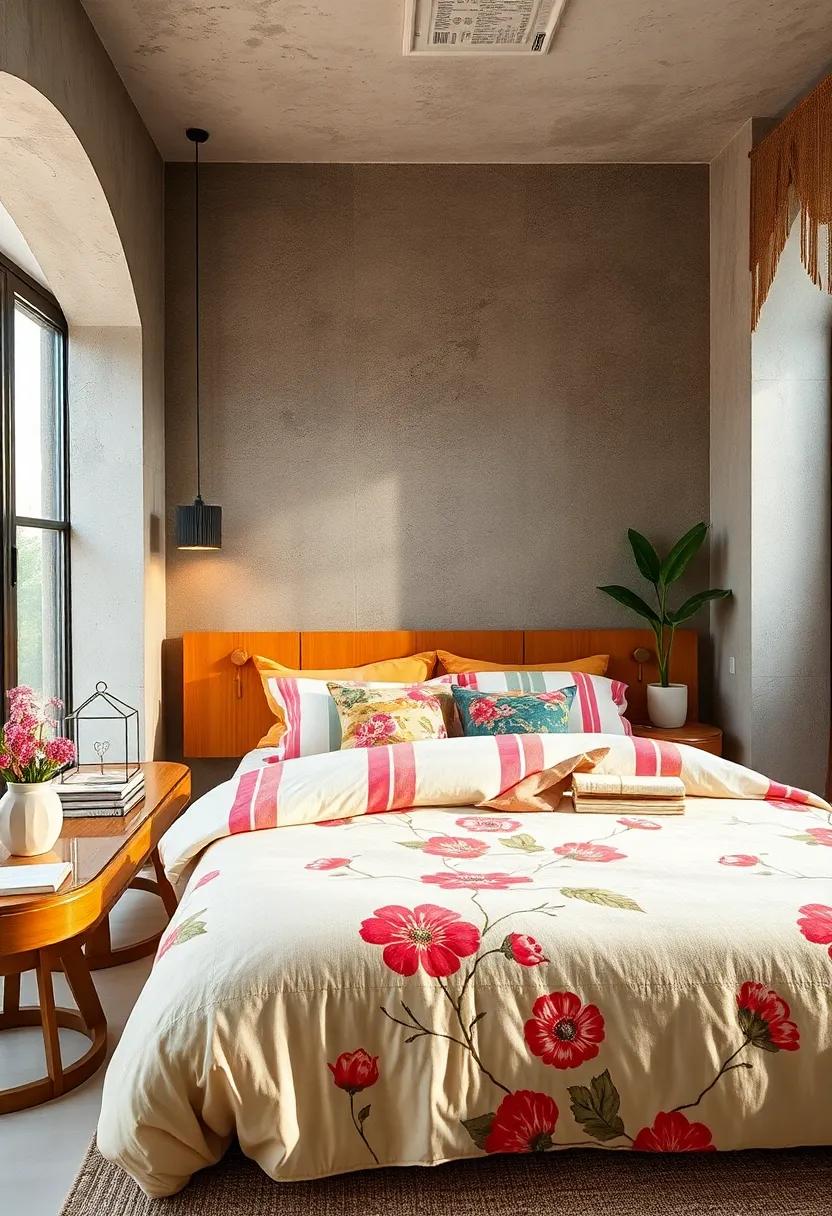 Retro-Inspired Bed Linen Featuring Vibrant Stripes and Floral Motifs on Natural Fabric