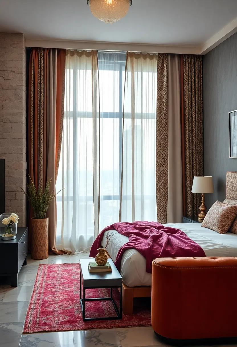 Layered Curtains with Sheer Panels and Retro Patterned Drapes Adding Depth and Privacy