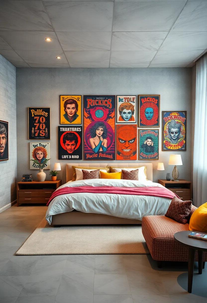 A Gallery Wall Showcasing Vintage 70s Rock Band Posters and Psychedelic Art Prints