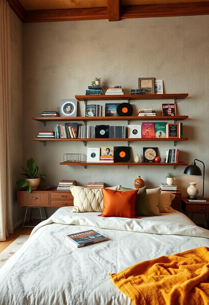 Wall-Mounted Wooden Shelves Displaying Classic 70s Vinyl Records and Iconic Literature