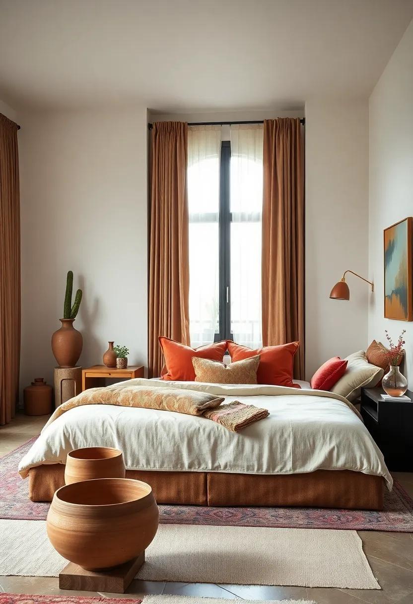 Earthy Clay Pottery and Hand-Thrown Bowls Enriching the Bedroom with Organic Retro Touches