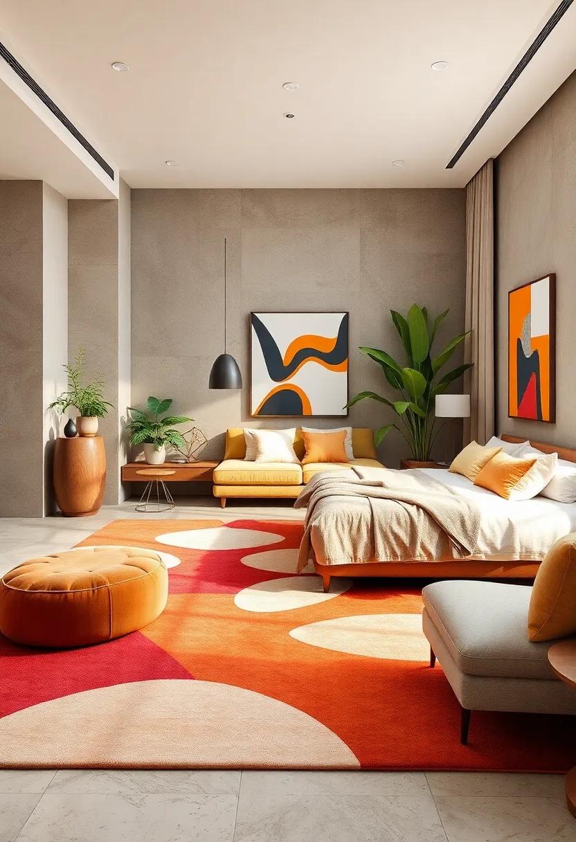 Iconic Geometric Area Rugs Featuring Warm Tones and Dynamic 70s-Inspired Shapes