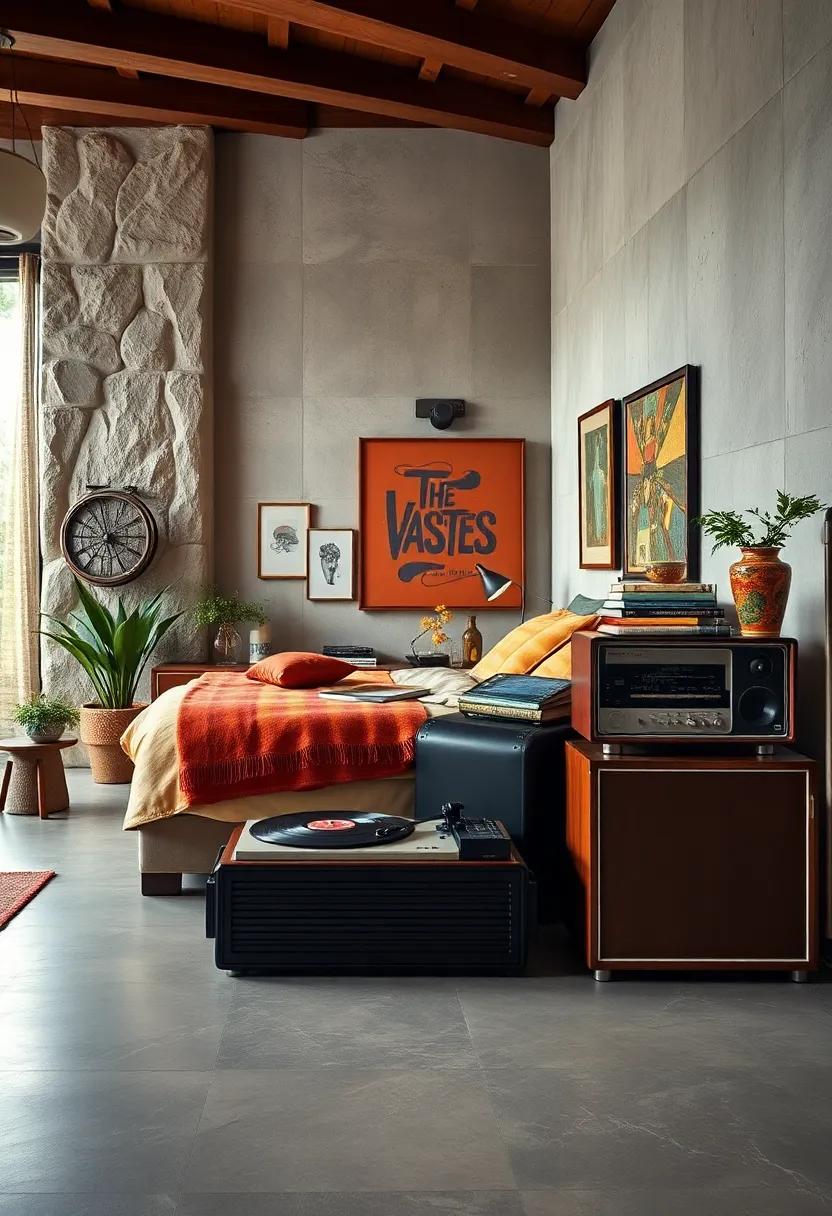 A Vintage Record Player Setup with Stacked Vinyls and a Retro Radio for Sound Atmosphere