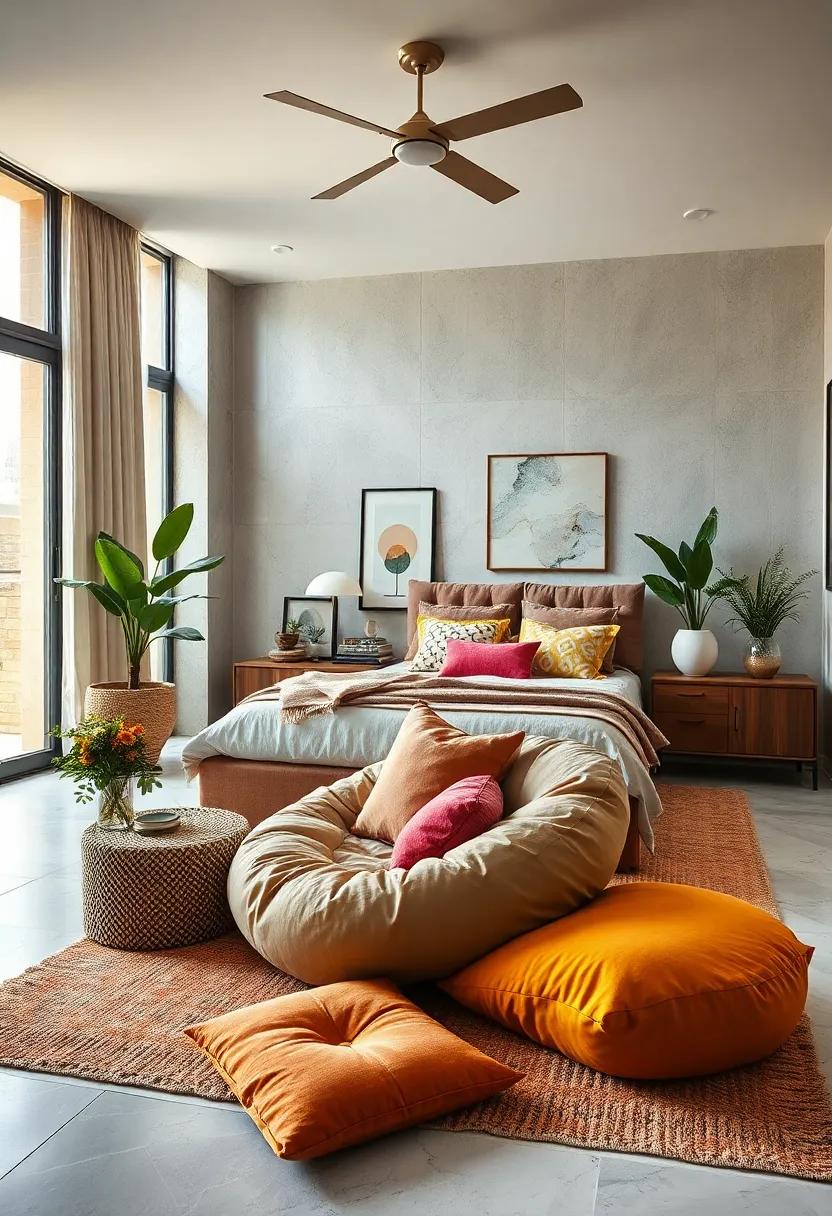 A Cosy Reading Nook with a Rounded Papasan Chair and Floor Cushions in Earthy Hues