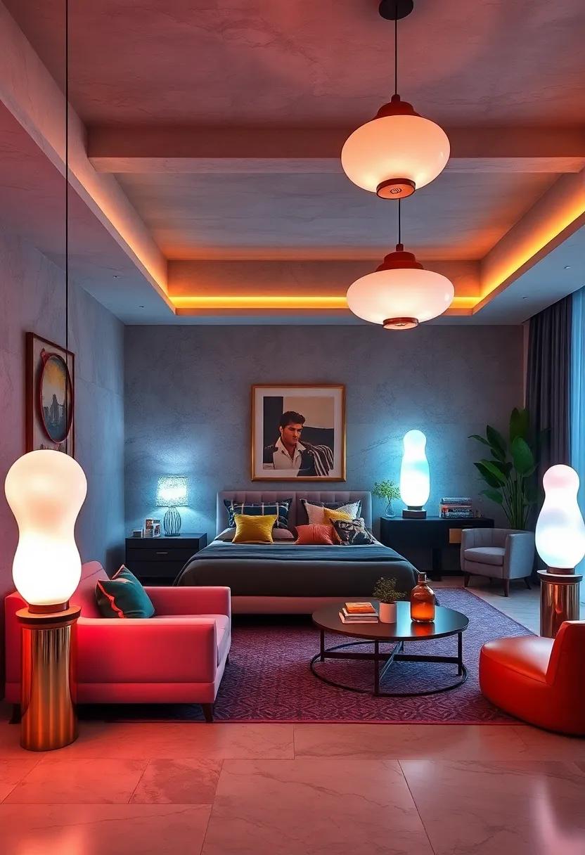 Statement Lighting with Sculptural Pendant Lamps and Lava Lamps Creating Ambient Glow