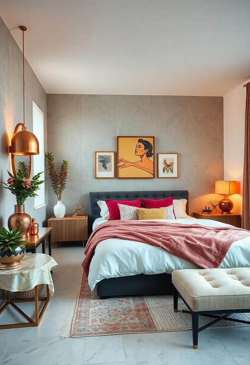 Brass and Copper Accents on Decorative Objects and Lamps Adding Warm Metallic Shine