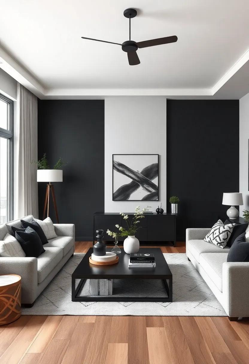 Contrasting Black and White Elements Creating Drama Amid Soft Scandinavian Hues