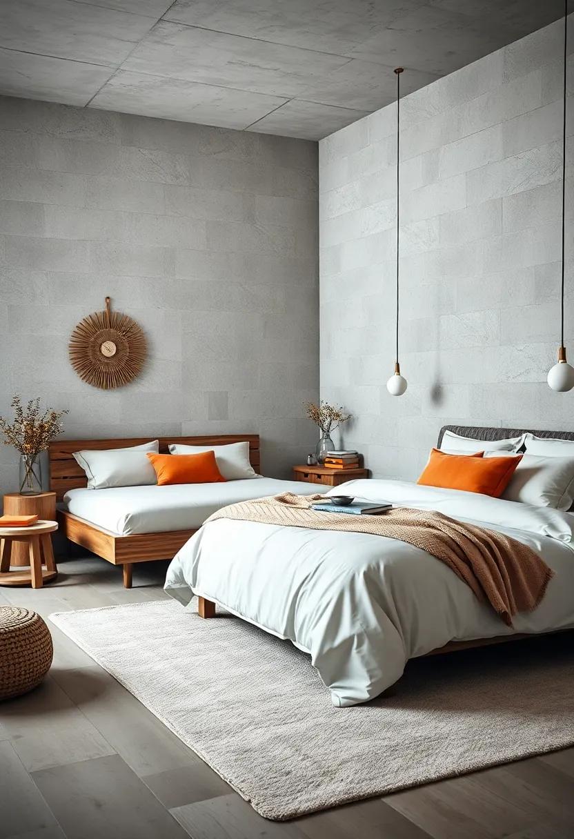 The Contrast of Rustic Wooden Beds Against Smooth, Textured Bedding Layers in Scandinavian Style