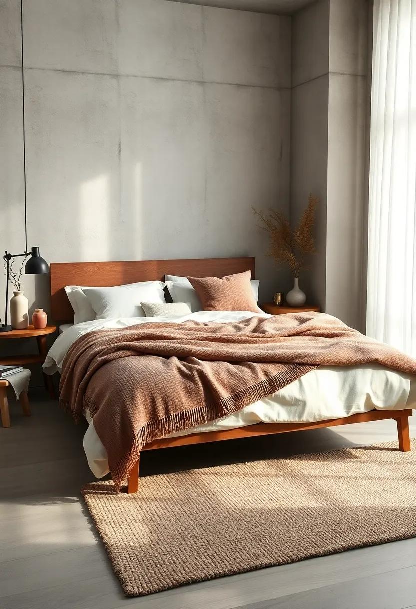 The Gentle Embrace of Woolen Throws Draped Over a Minimalist Scandinavian Bed Frame