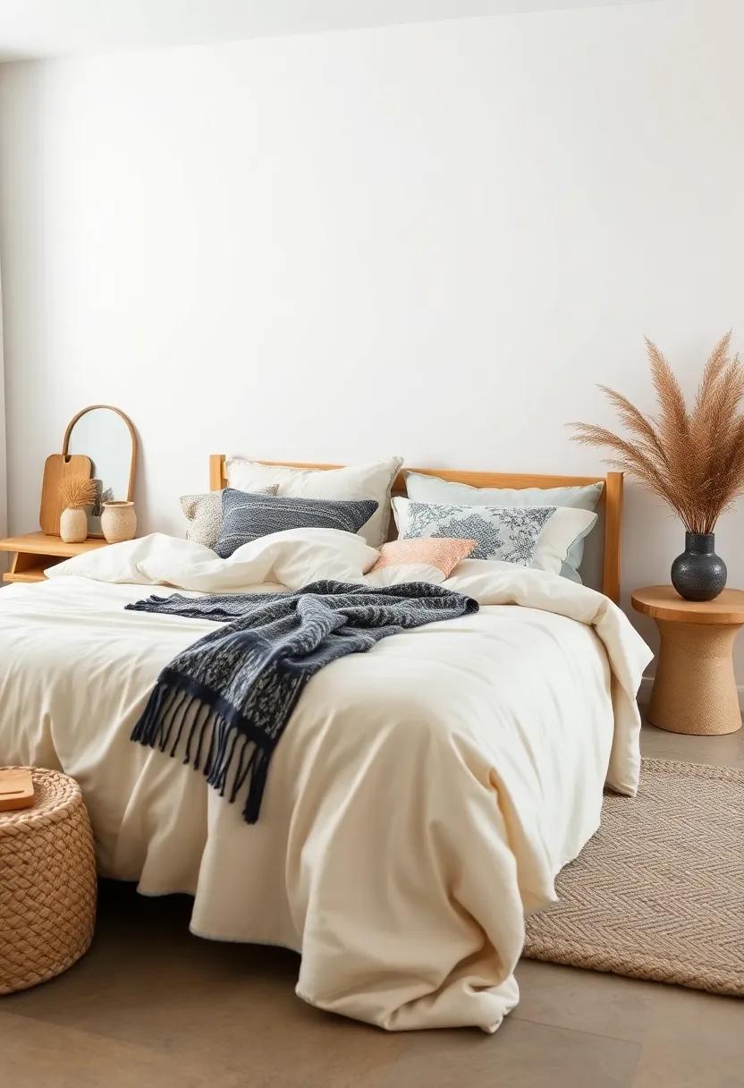 Handwoven Bed Covers Featuring Traditional Nordic Motifs Draped Elegantly Over a Simple Frame