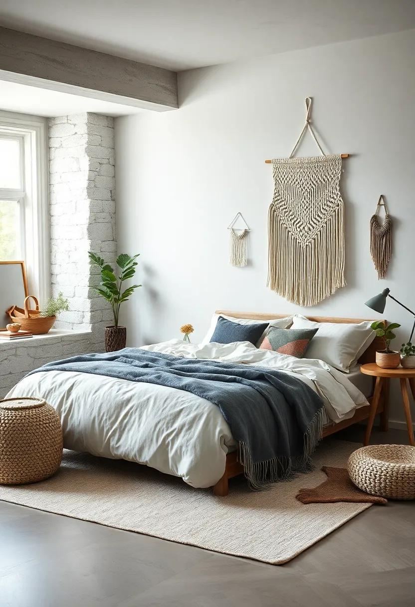 Knotted Macrame Wall Hangings Complementing Cozy Scandinavian Bedroom Upholstery