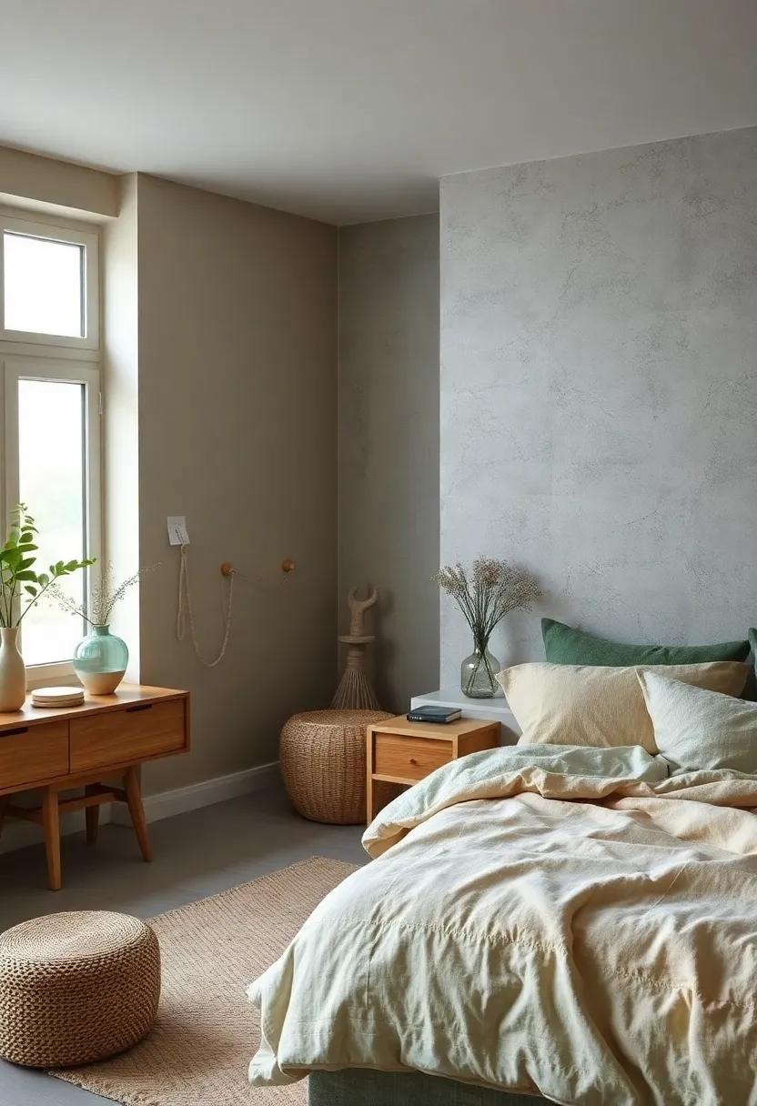 A Peaceful Palette of Muted Greens and Beiges Draped Over Scandinavian Bedroom Textiles