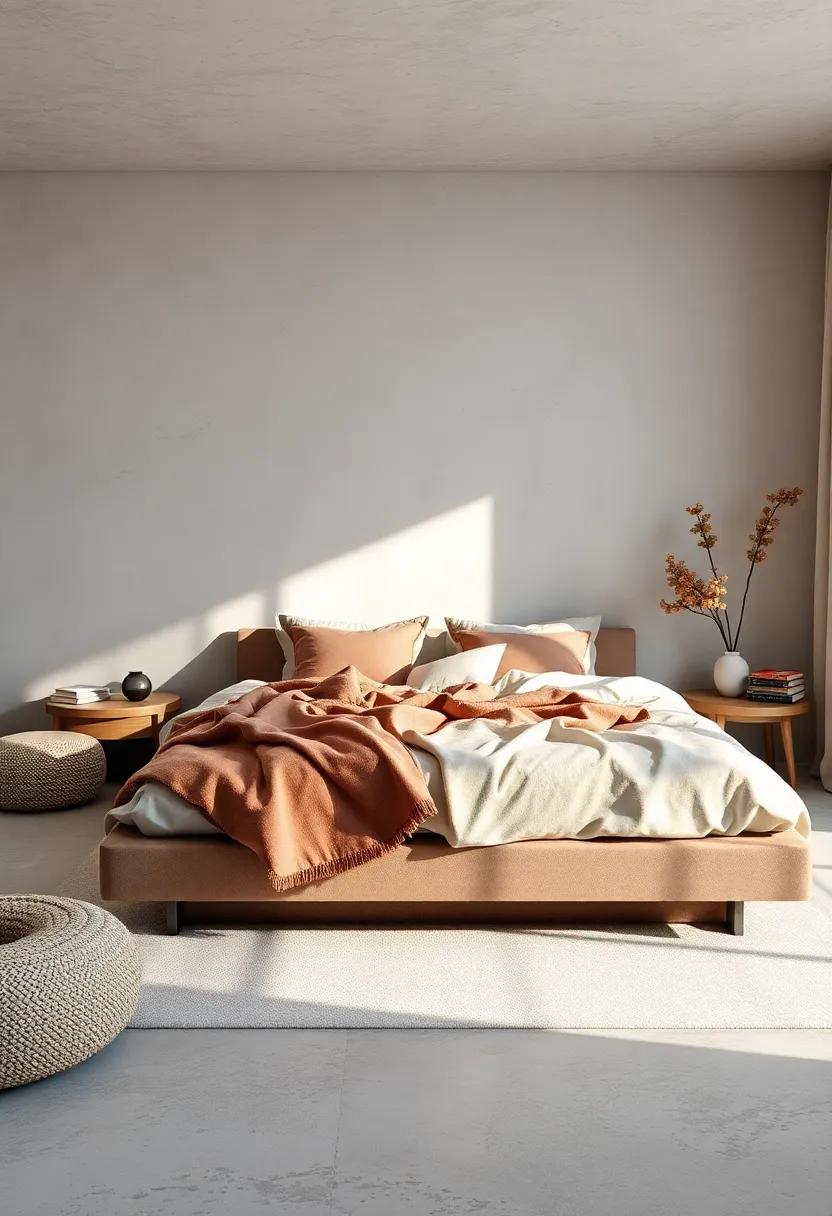 Soft Ambient Lighting Reflecting on Plush Throws Spread Across a Sleek Platform Bed