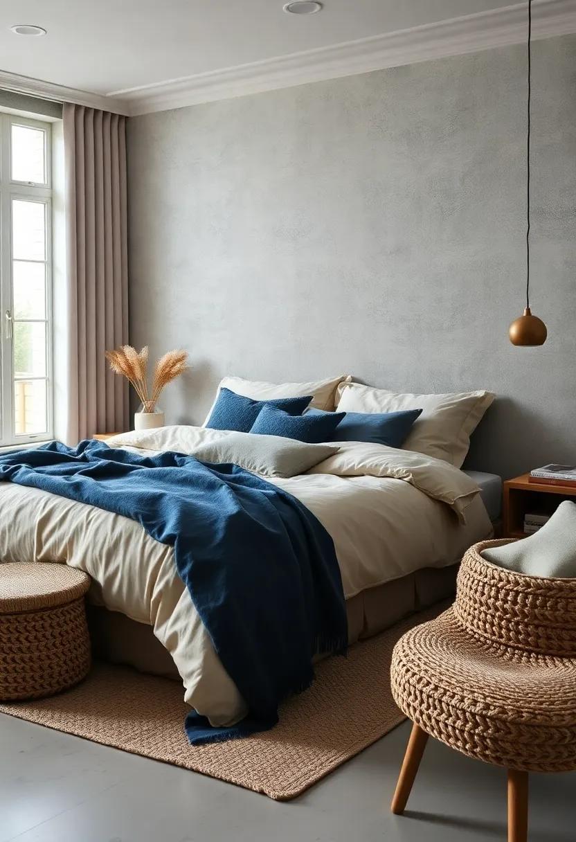 The Subtle Drama of Deep Blue Throws Paired With Soft Beige Sheets in a Scandinavian Bedroom