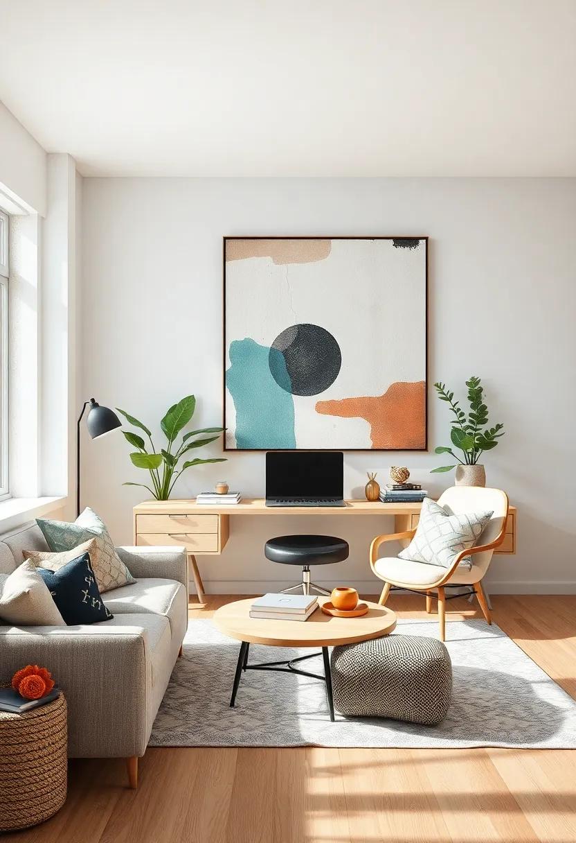 Scandinavian Wall Art Featuring Geometric Patterns and Abstract Minimalism Enhancing a Focused Office Atmosphere