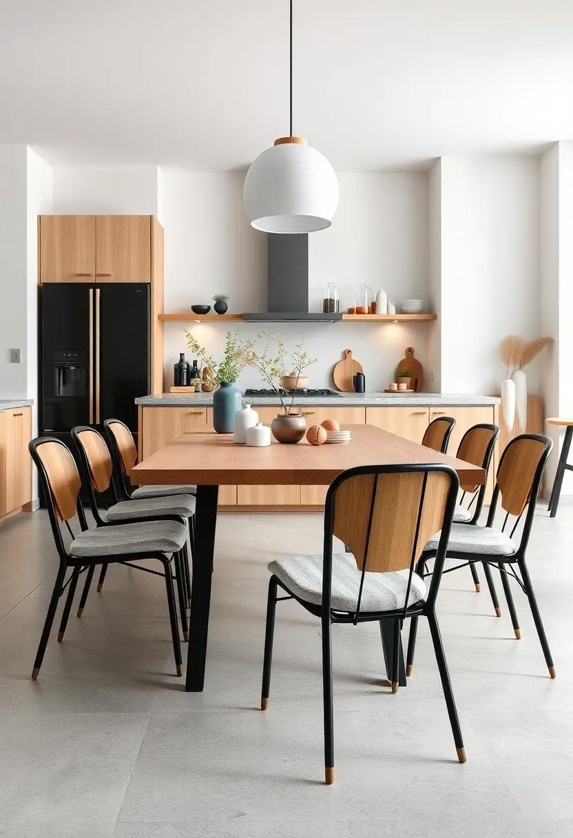 The Contrast of Matte Black Metal Frames with Warm Blonde Wood in Contemporary Scandinavian Kitchen Seating
