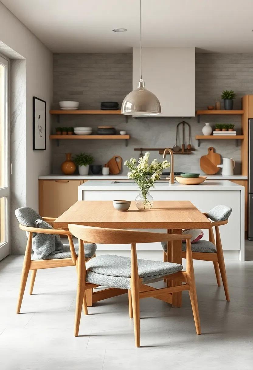 Elegant Lines and Functional Form Combine in Light Oak Scandinavian Chairs Set Against a Cozy Kitchen Backdrop