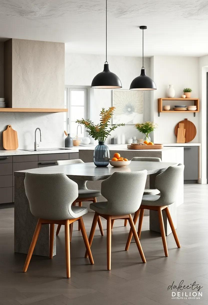Layering Textural Contrast with Smooth Scandinavian Chairs and Rugged Stone Countertops in Kitchen Scenes