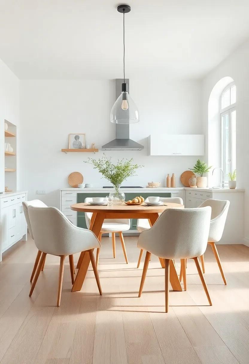 Pastel-Colored Scandinavian Kitchen Chairs Set Against Crisp White Walls and Light Wood Flooring