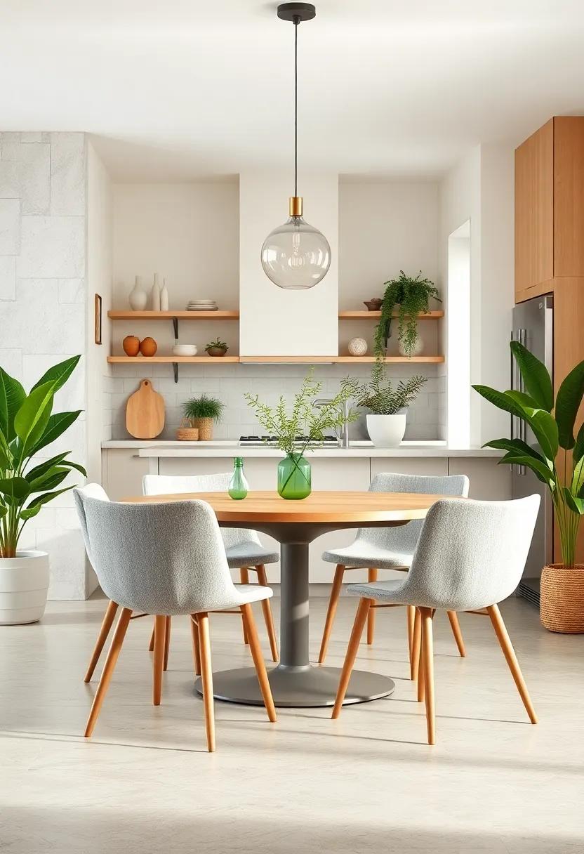 Simple Yet Bold Scandinavian Chair Silhouettes Amidst Bright Green Plant Accents and Neutral Kitchen Palettes