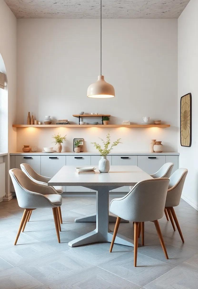 Soft Pastel Hues Accentuate Sleek Scandinavian Table Designs Paired with Comfortable Curved Back Chairs