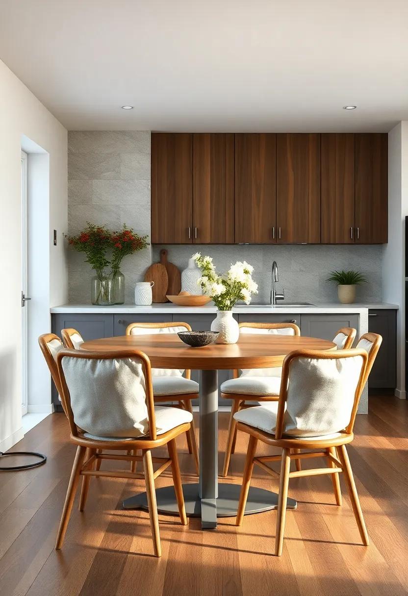 Soft Linen Cushions on Scandinavian Chairs Creating a Serene and Calm Atmosphere in the Kitchen