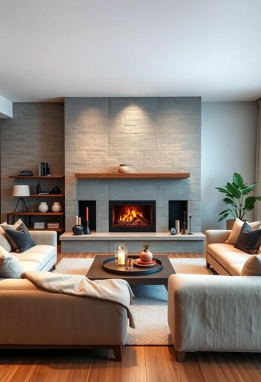 Layered Lighting Schemes Softening Crisp Scandinavian Lines Around a Central Fireplace Hearth