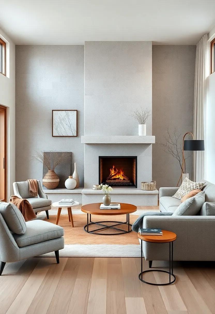 Light Wood Flooring and Muted Decorative Elements Harmonizing with the Fireplace's Warmth