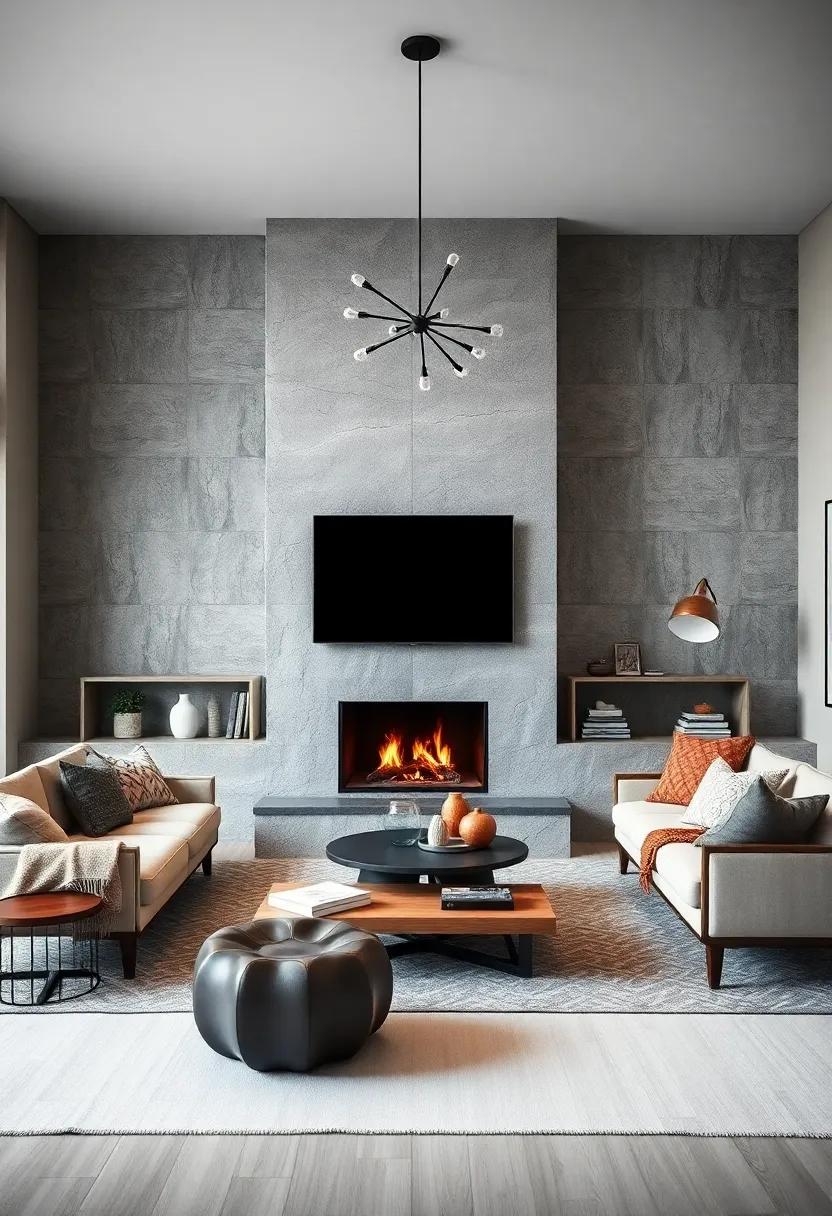 Monochrome Scandinavian Interiors Enhanced by Subtle Fireplace Flames and Cozy Seating Nooks